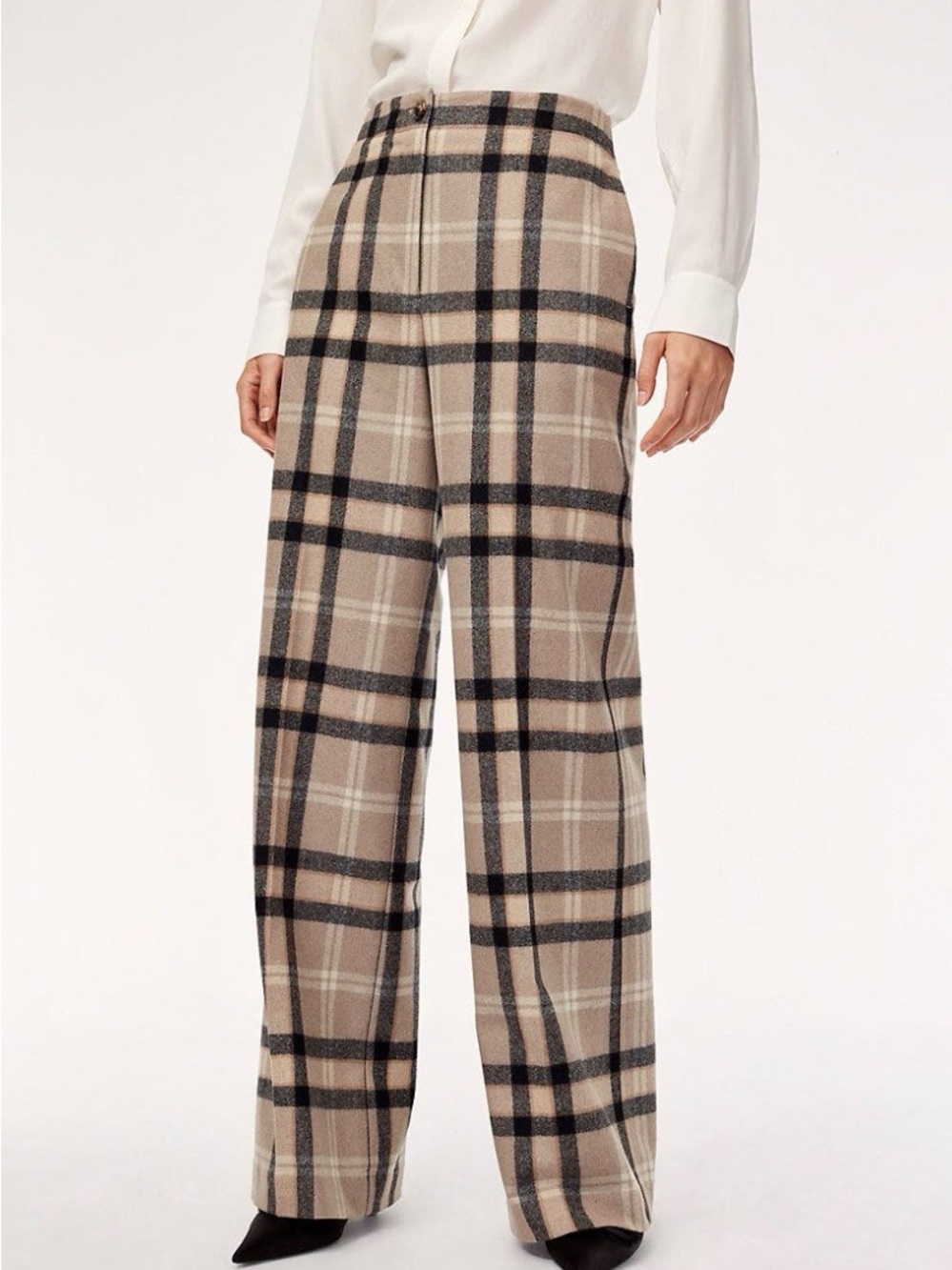 Aritzia Wilfred Wide-Leg Plaid Trousers in Beige